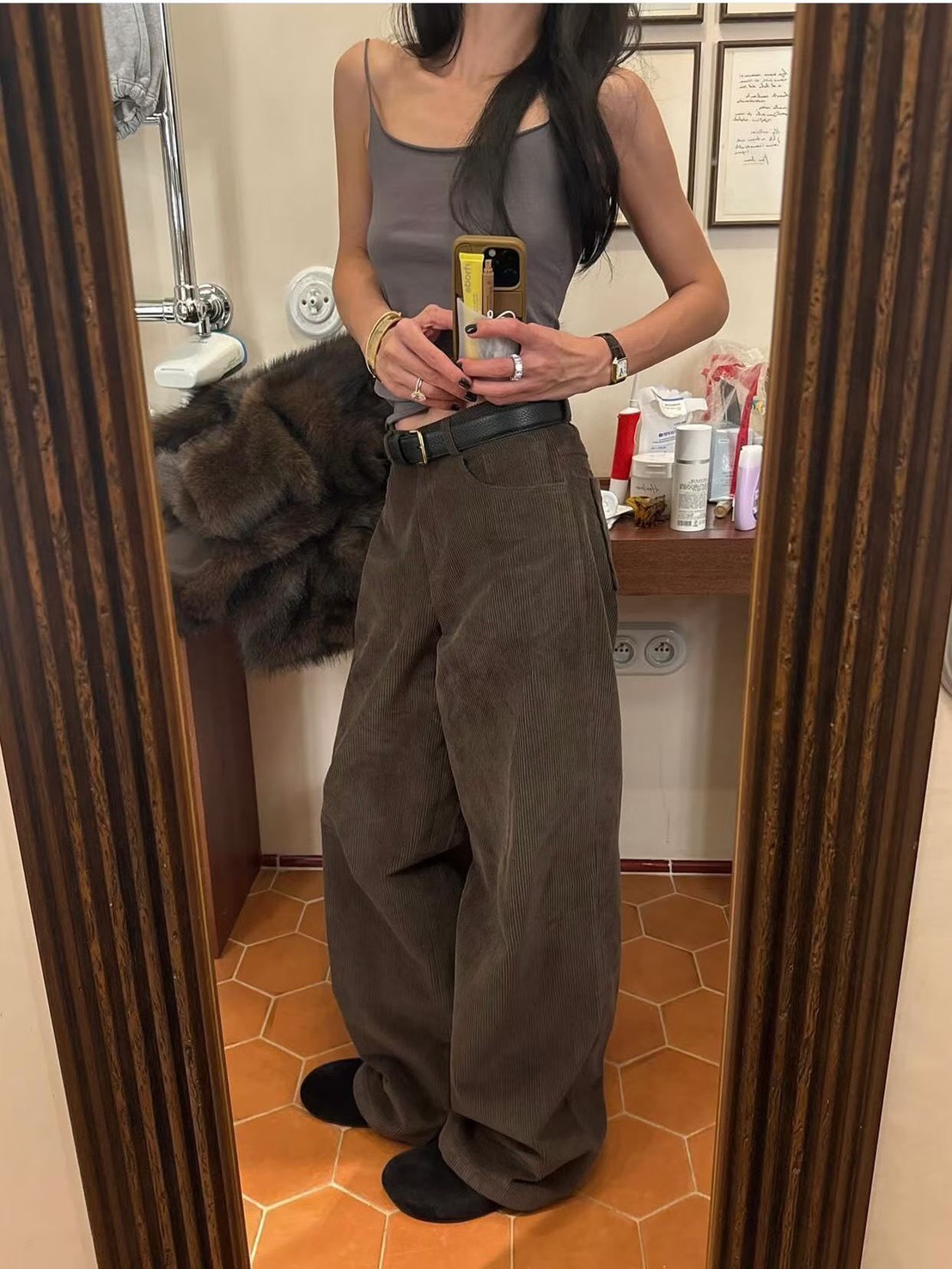 燈芯絨直筒隱形釦長褲