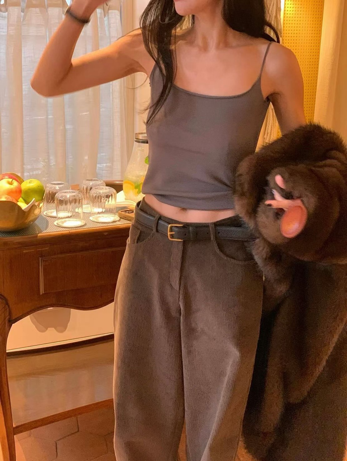 燈芯絨直筒隱形釦長褲