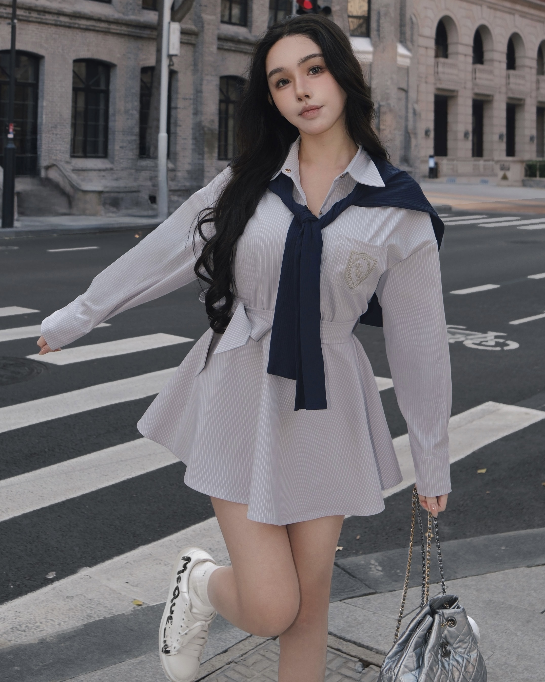 訂製-休閒學院風條紋披肩襯衫套裝