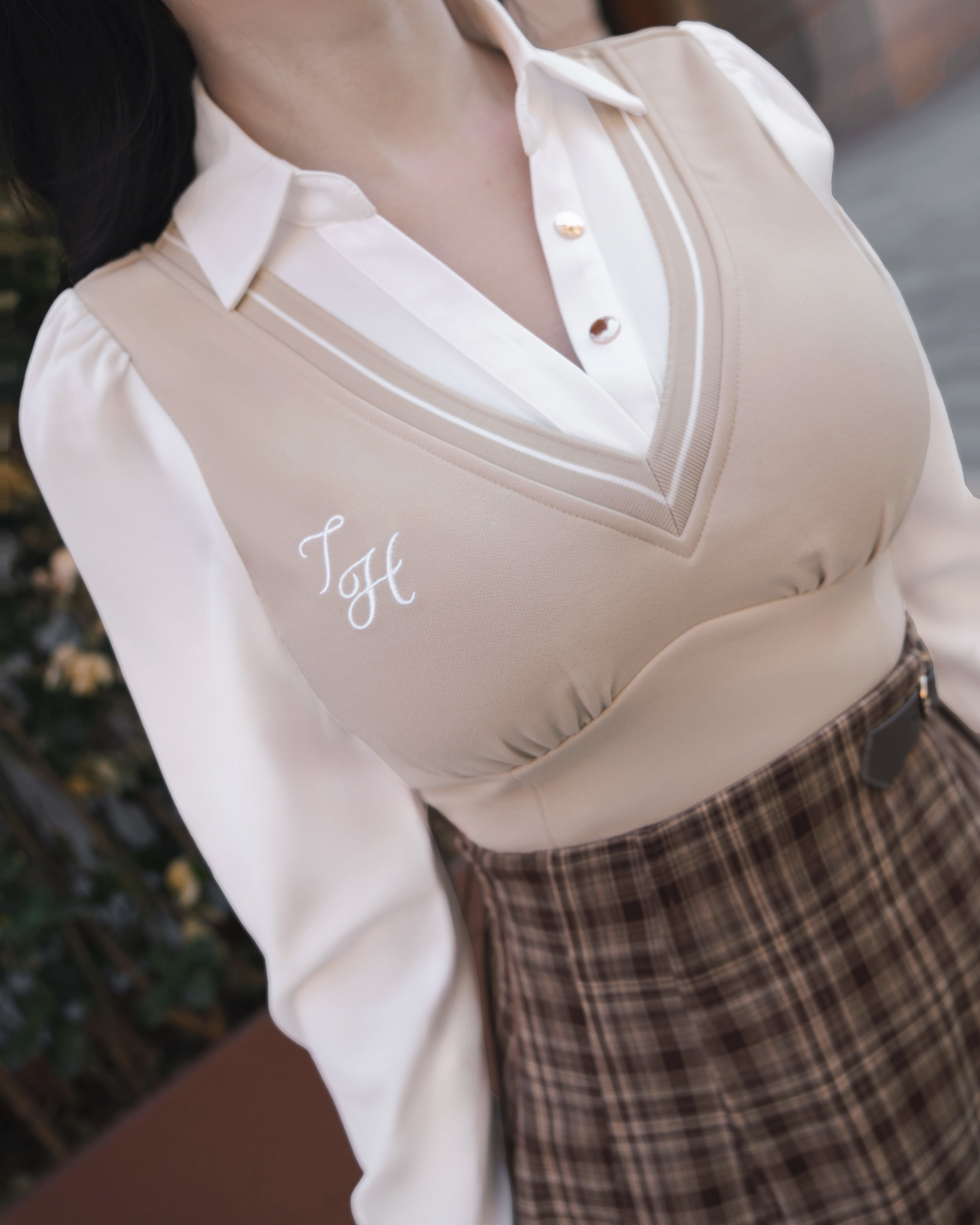 訂製-學院風假兩件V領短上衣