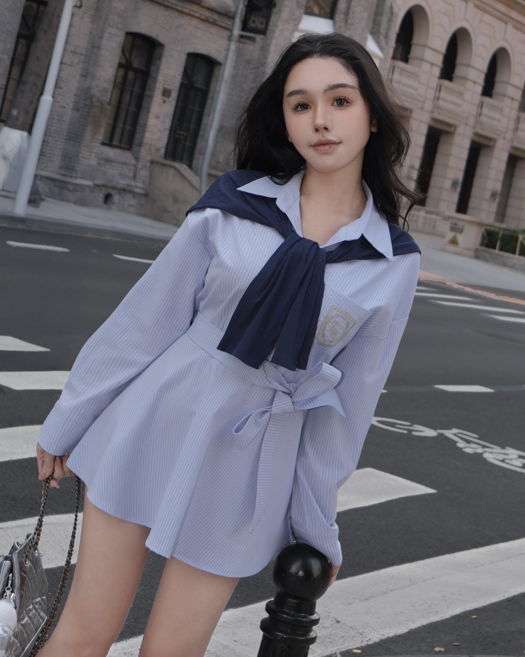 訂製-休閒學院風條紋披肩襯衫套裝