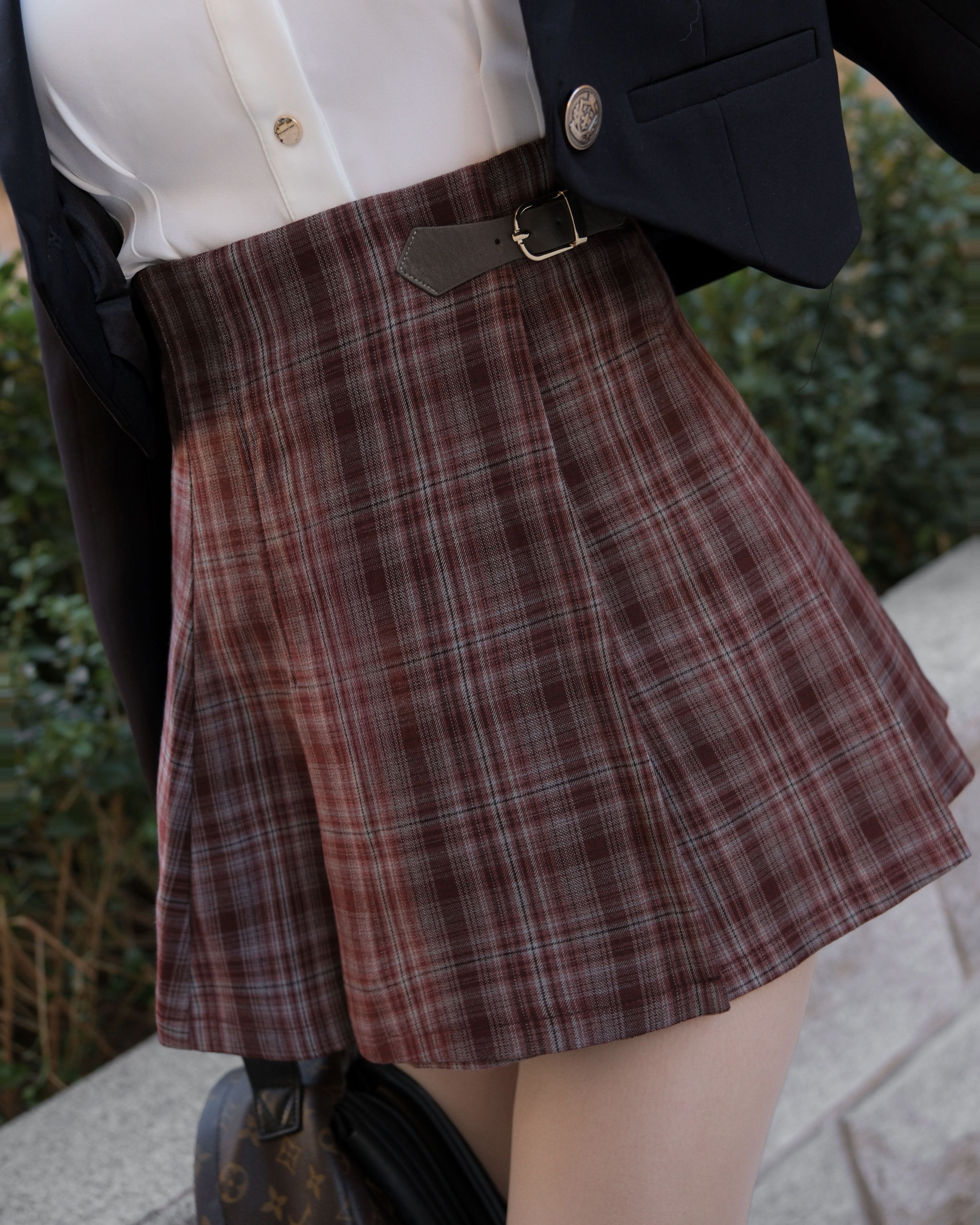 訂製- 學院風格紋側皮帶百褶裙