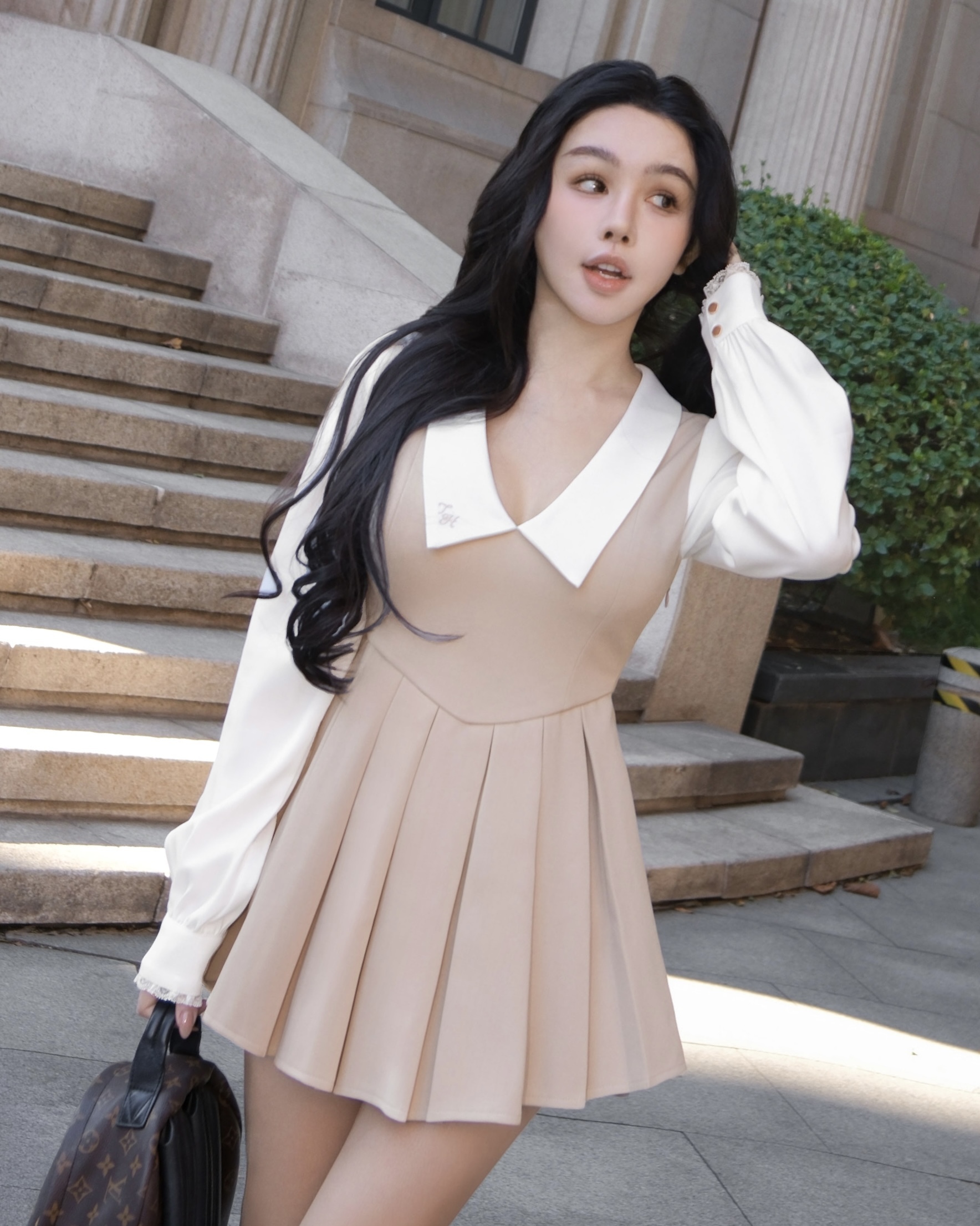 訂製-學院風假兩件翻領百褶傘洋