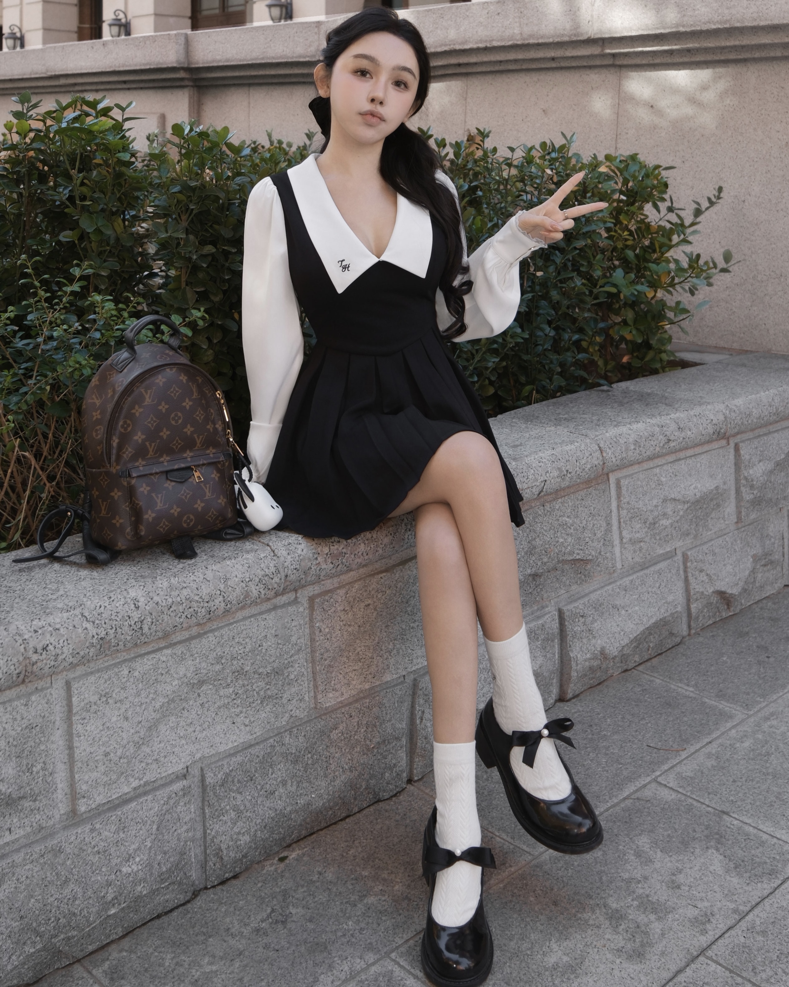 訂製-學院風假兩件翻領百褶傘洋