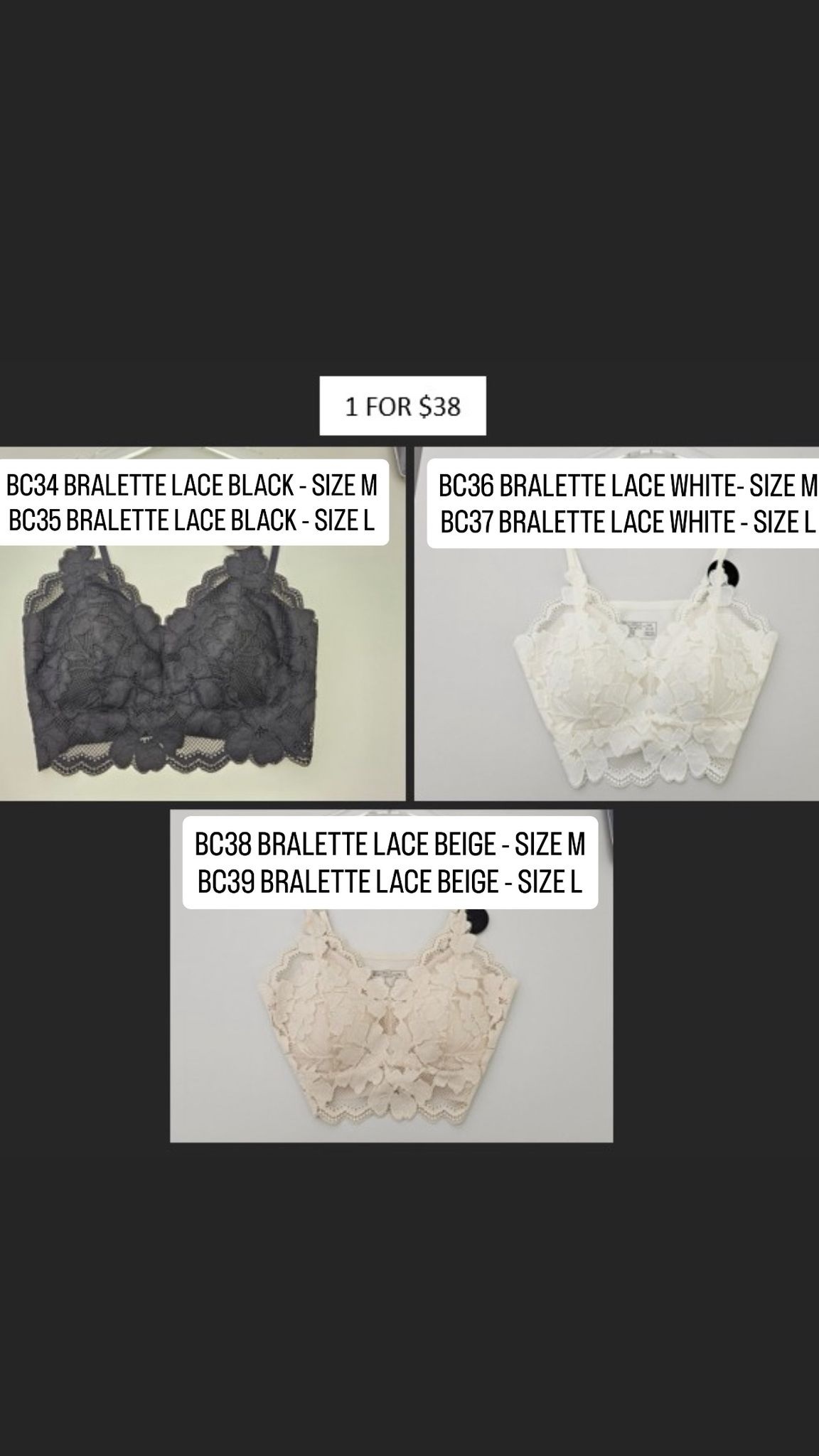 (1) BC37 BRALETTE LACE WHITE - SIZE L