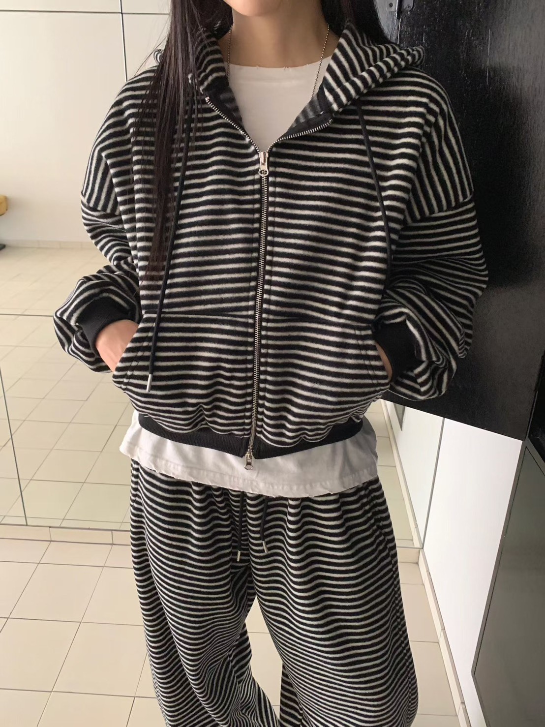 連帽條紋絨布外套+長褲SET