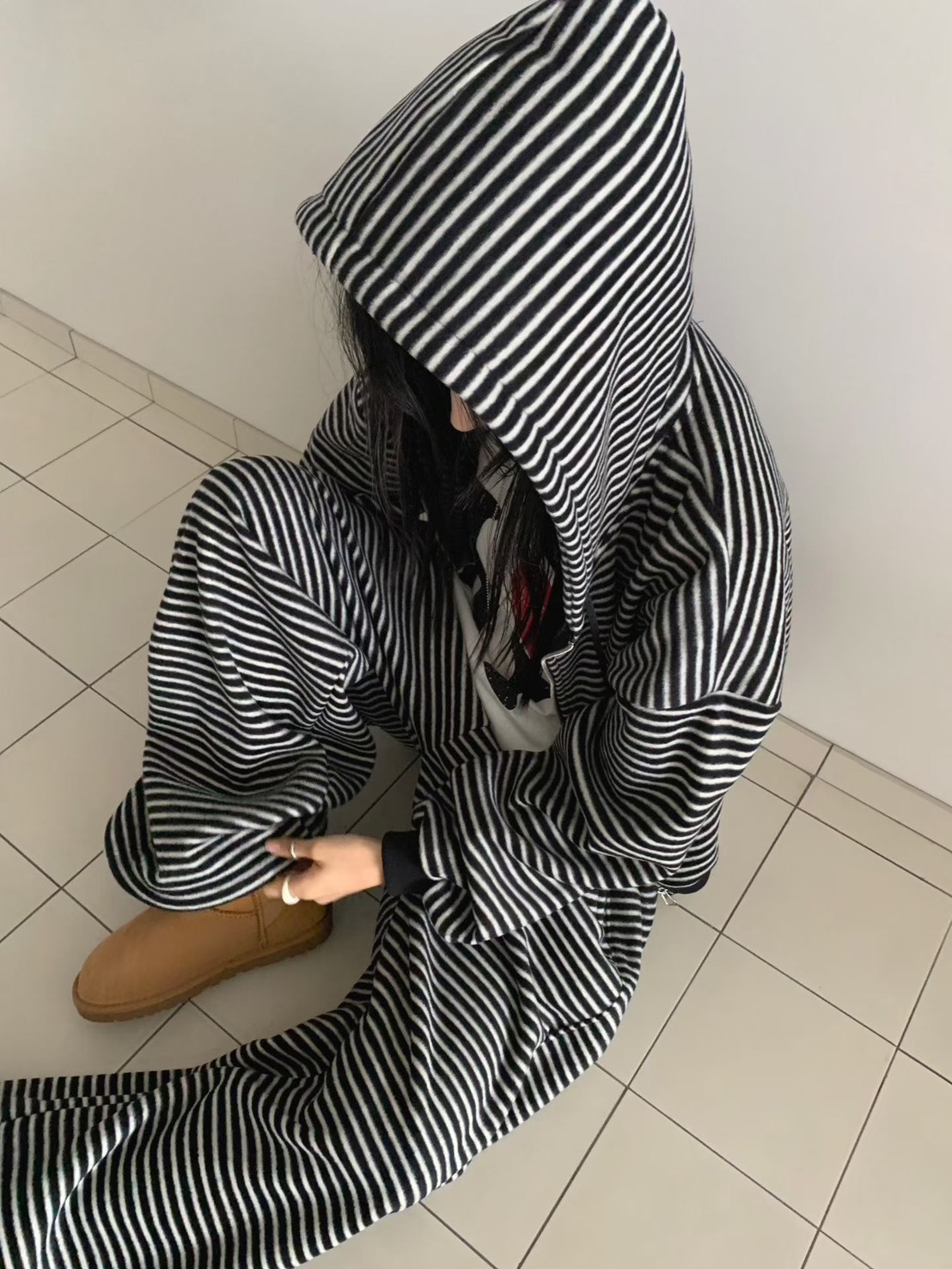 連帽條紋絨布外套+長褲SET