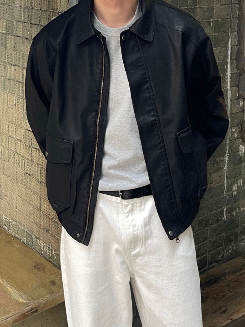 反領拉鍊合成皮褸 JK2574