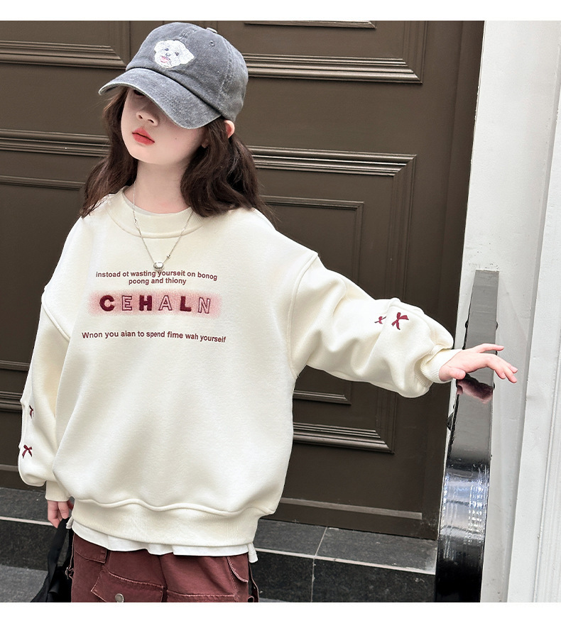 【加絨款 & 一般厚度】袖子蝴蝶結字母大學T 粉色 120cm-170cm #QYT