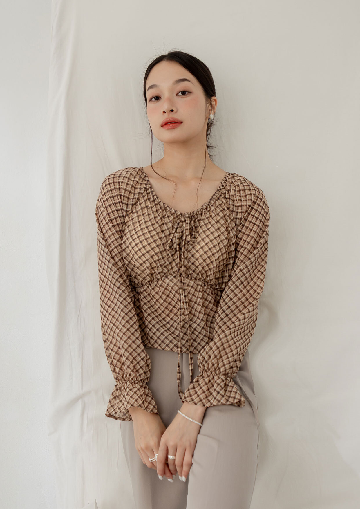 復古格紋縮腰上衣