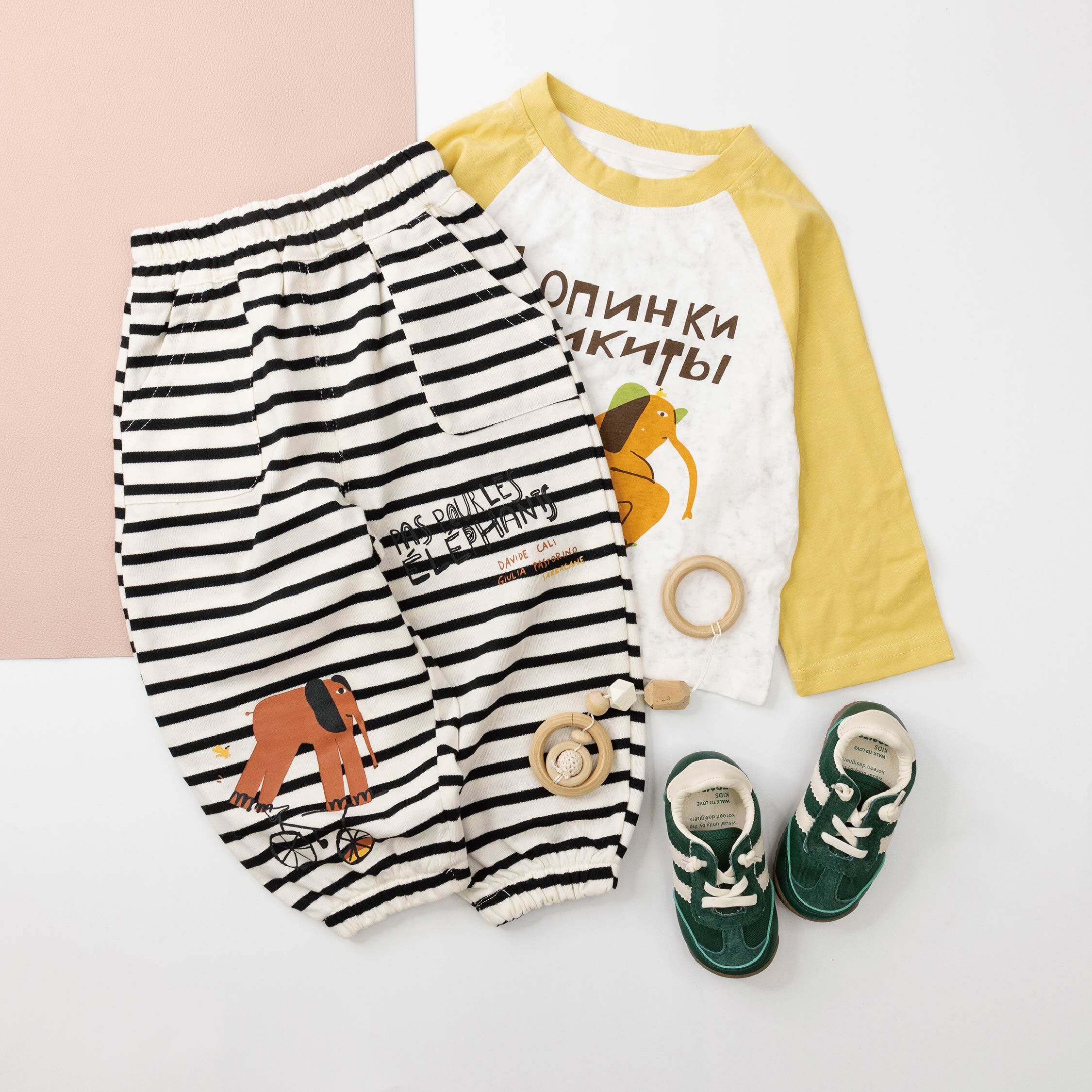 【H35806】童趣大象騎腳踏車條紋縮口褲