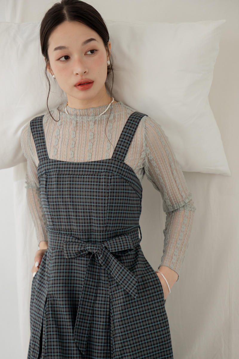格紋壓摺背心洋裝(附綁帶)