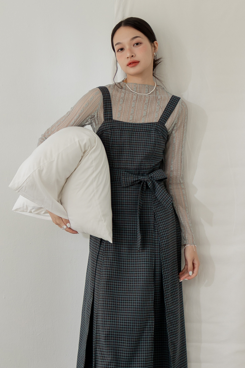 格紋壓摺背心洋裝(附綁帶)