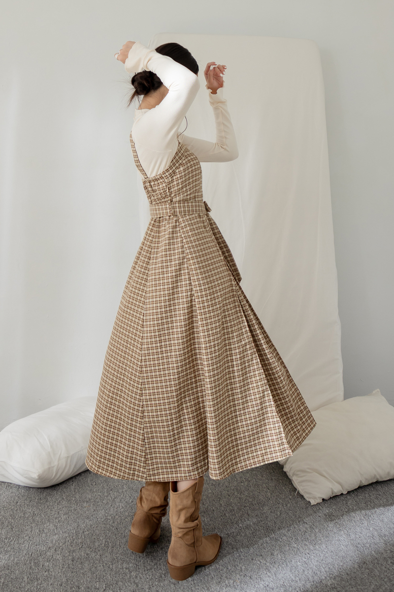 格紋壓摺背心洋裝(附綁帶)