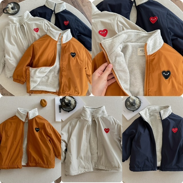 兒童愛心刺繡高領加厚加絨拉鏈外套 - 2502656