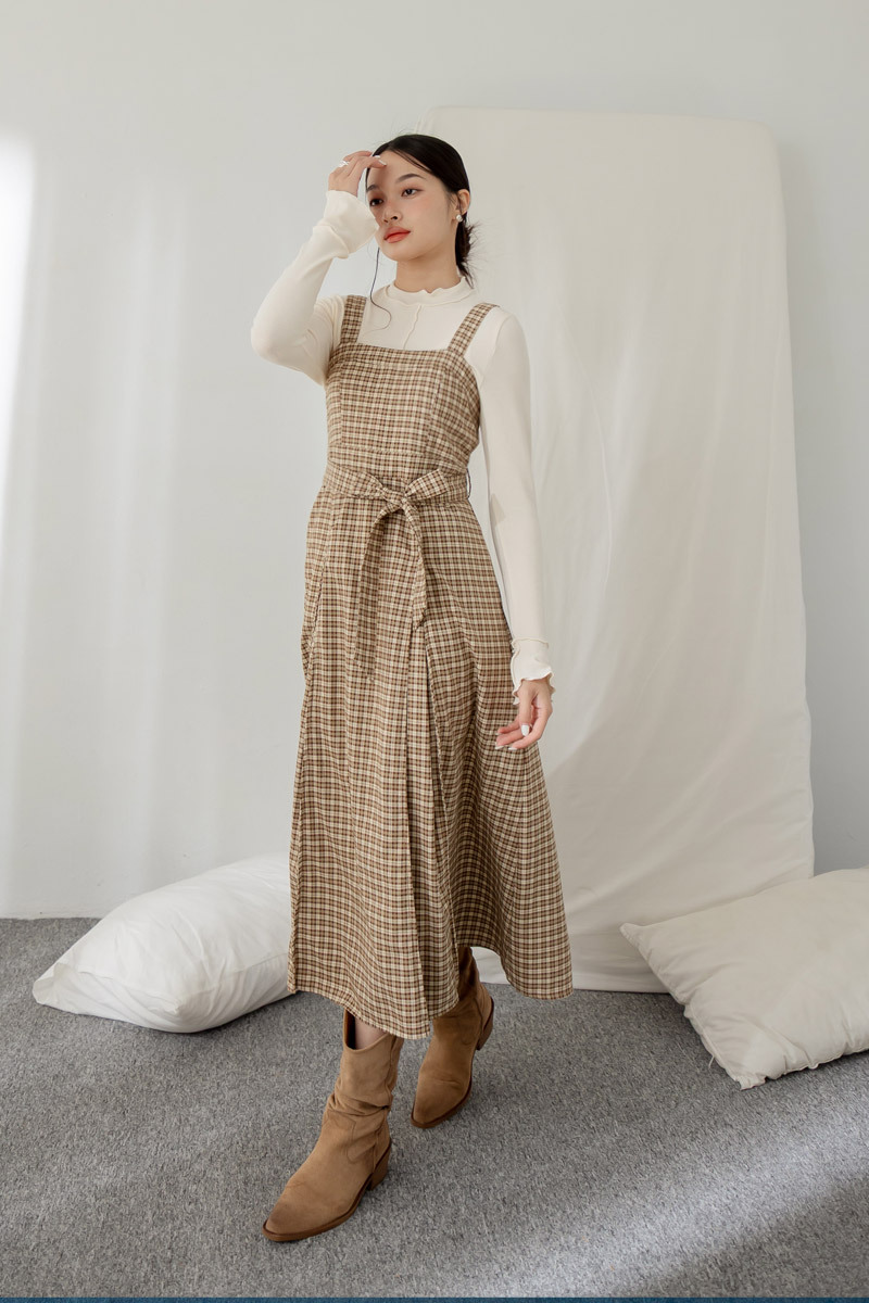 格紋壓摺背心洋裝(附綁帶)