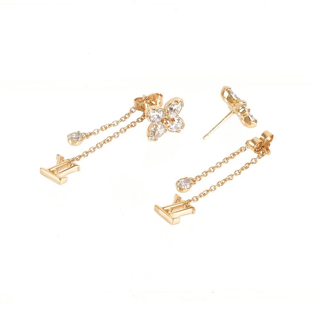 【Louis Vuitton】Dazzle 水鑽四葉草及標誌綴飾針式耳環(金色)