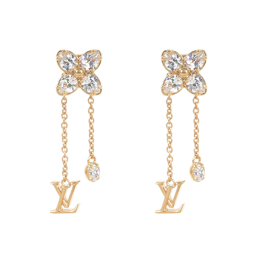 【Louis Vuitton】Dazzle 水鑽四葉草及標誌綴飾針式耳環(金色)