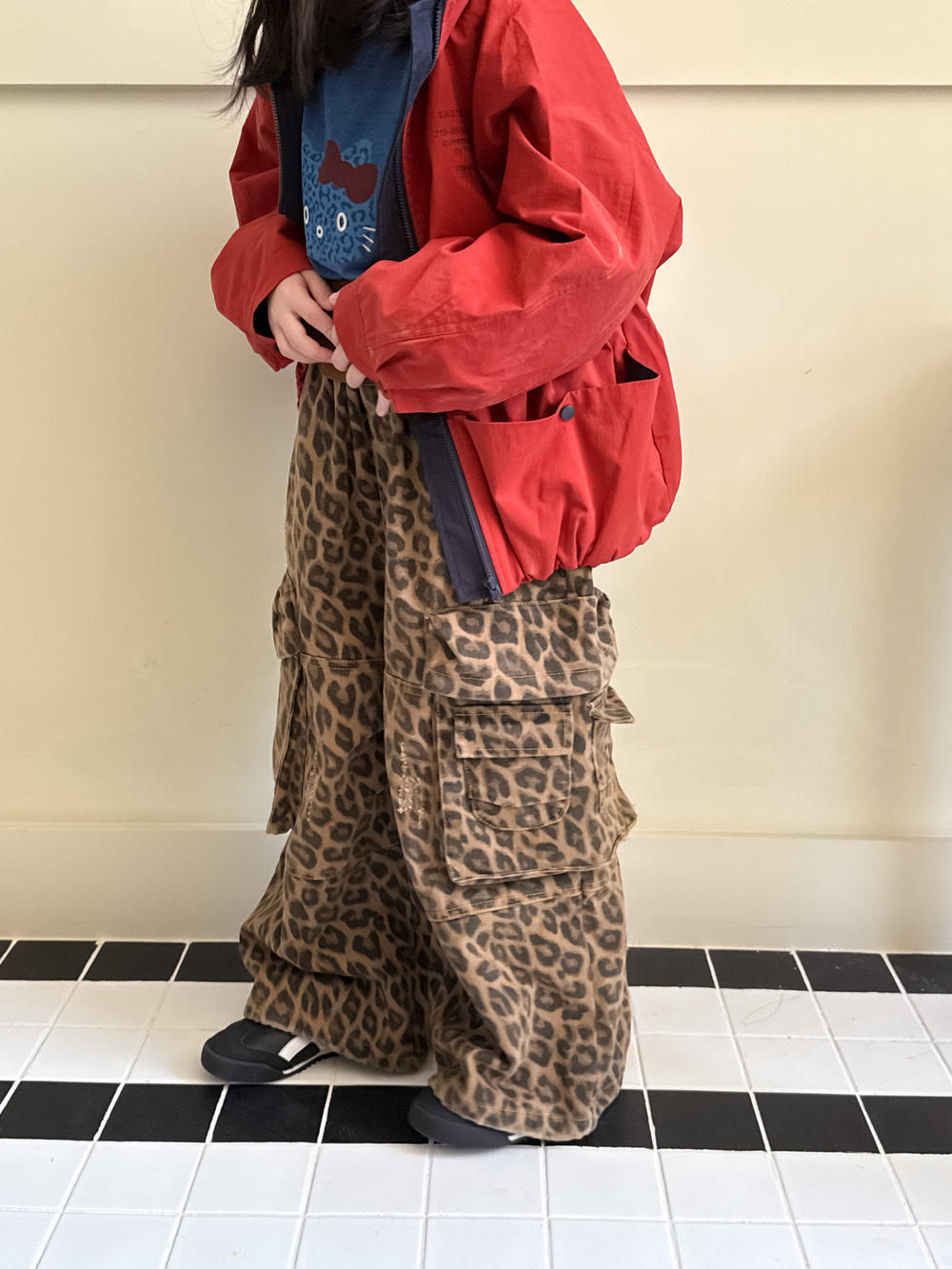豹紋大口袋工裝直筒長褲