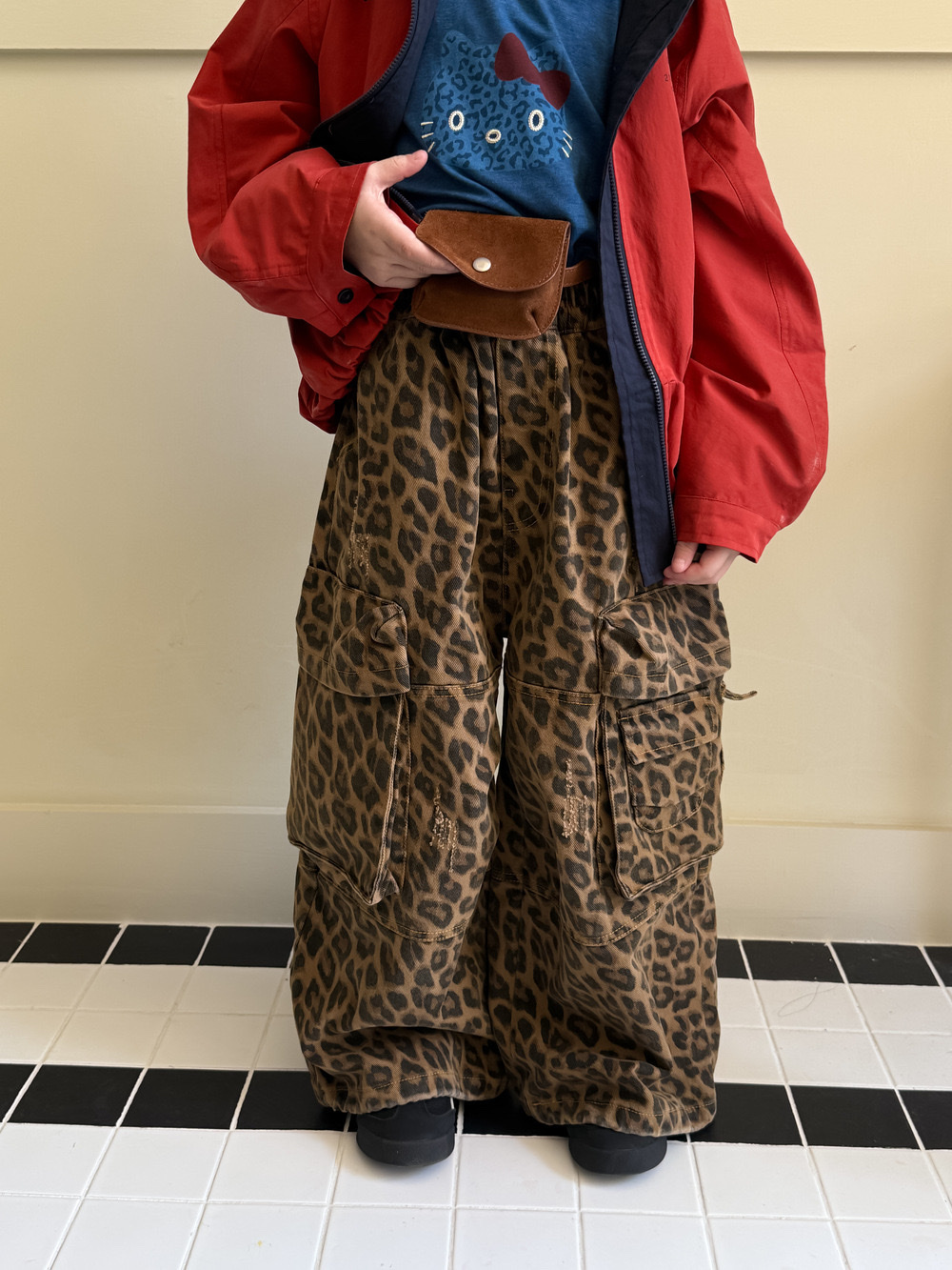 豹紋大口袋工裝直筒長褲