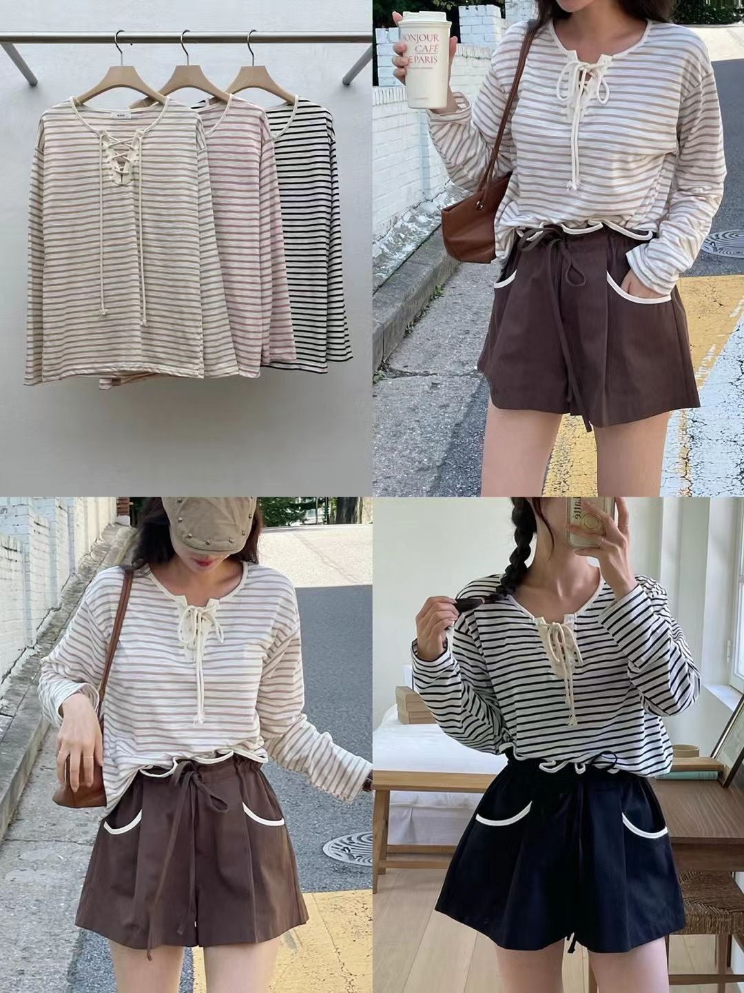 RF5013 胸前綁帶間條長袖棉質上衣