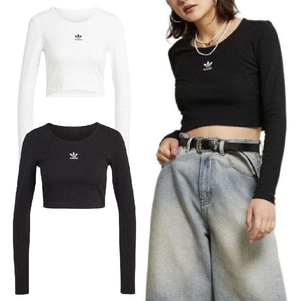 女款 ADIDAS ESSENTIALS TEE 黑色 白色 三葉草 針織 短版 修身 休閒 運動 長袖 長T【JC9011/IW5725】ADLP