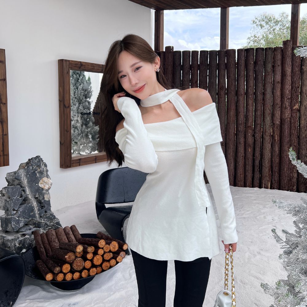 【氣質冬日】DOMISS女主必收款-掛脖一字領毛衣洋裝 顯瘦露肩-3色(現貨)