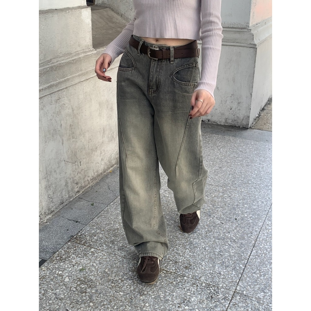 【imfine】歐膩私服 好看灰繭型牛仔皮帶寬褲 #A3068