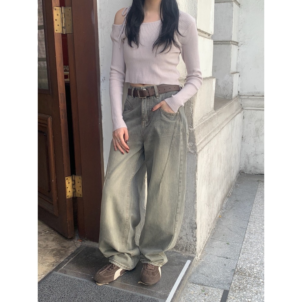 【imfine】歐膩私服 好看灰繭型牛仔皮帶寬褲 #A3068