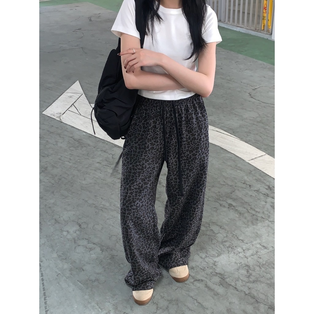 【imfine】加倍豹紋 鬆緊腰抽繩寬褲 #A3069