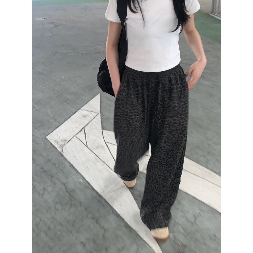 【imfine】加倍豹紋 鬆緊腰抽繩寬褲 #A3069