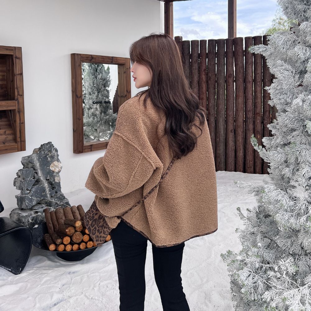 【豹紋羊羔拼接】DOMISS附小包-毛絨絨暖感女主外套-2色 秋冬必收羊羔毛 大衣 (現貨)