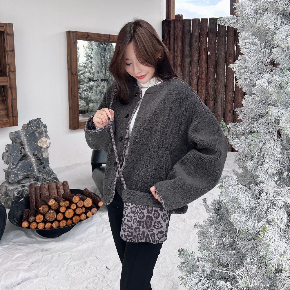 【豹紋羊羔拼接】DOMISS附小包-毛絨絨暖感女主外套-2色 秋冬必收羊羔毛 大衣 (現貨)