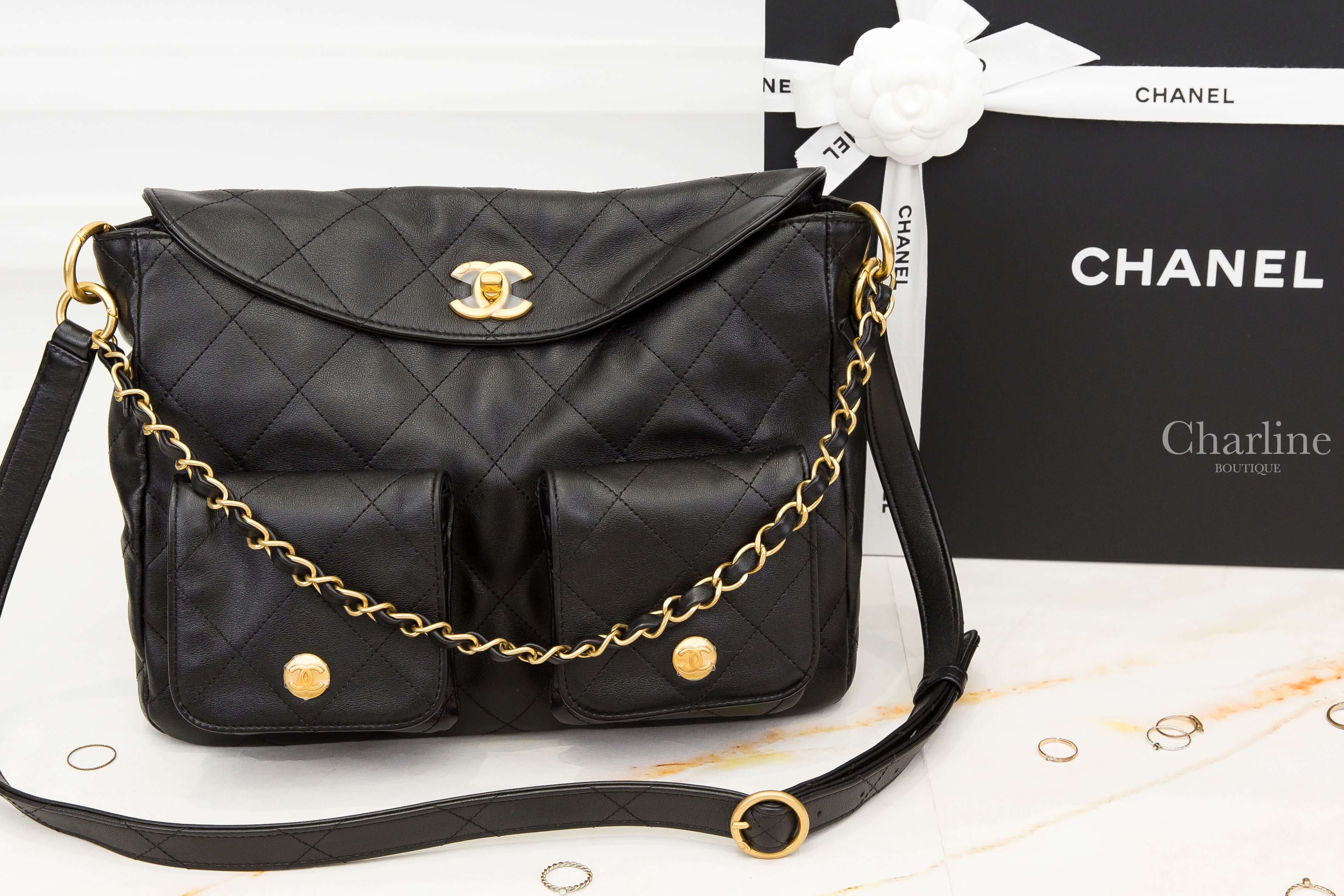 Chanel Hobo Handbag 黑色金CC金鍊大型小牛皮菱格紋手提肩背包-Charline Boutique 精品代購