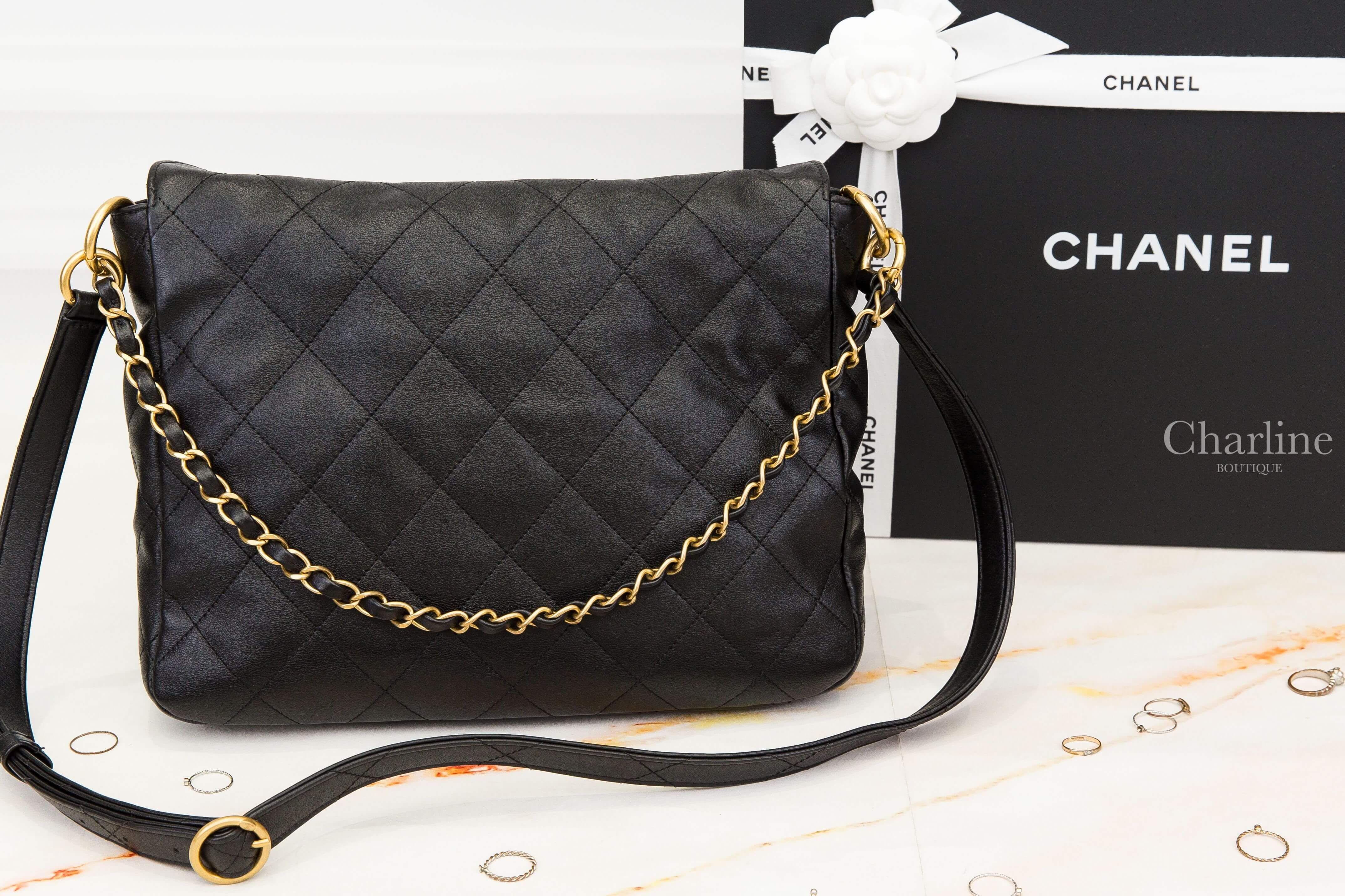 Chanel Hobo Handbag 黑色金CC金鍊大型小牛皮菱格紋手提肩背包-Charline Boutique 精品代購
