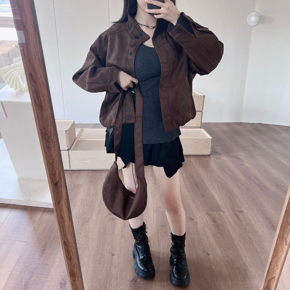 【韓系氛圍感】DOMISS秋冬麂皮外套-附小包 外套組 女主霧面麂皮短版俐落外套-2色 (現貨)