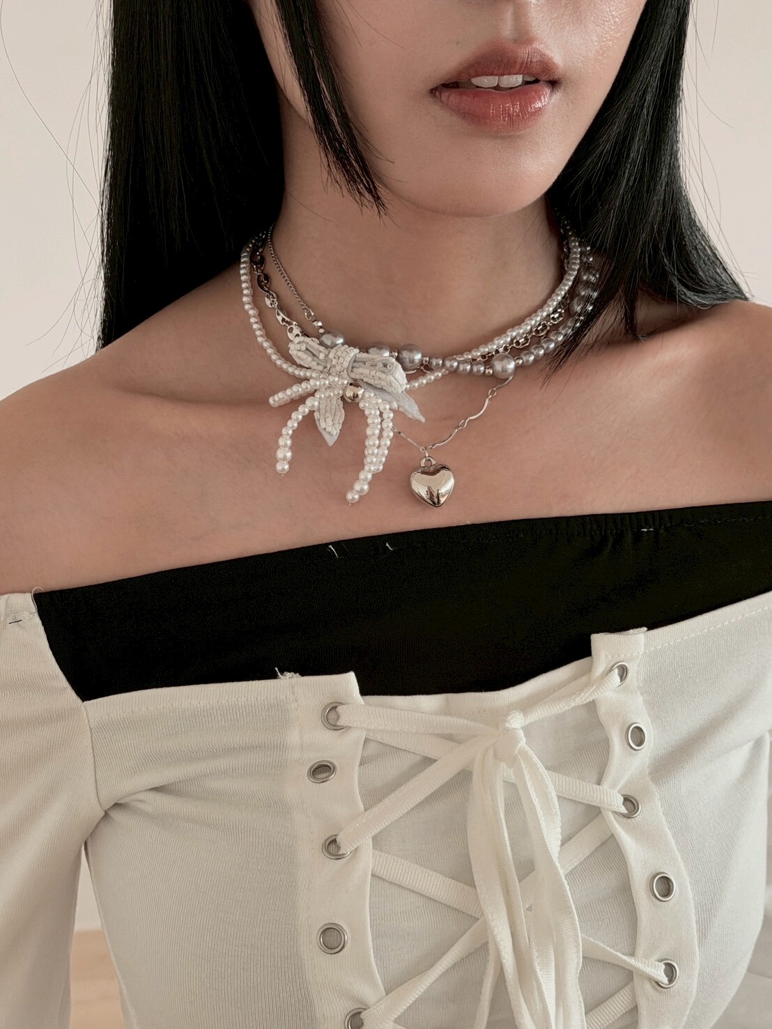 墜落天使 多層疊戴重工蝴蝶結項鍊