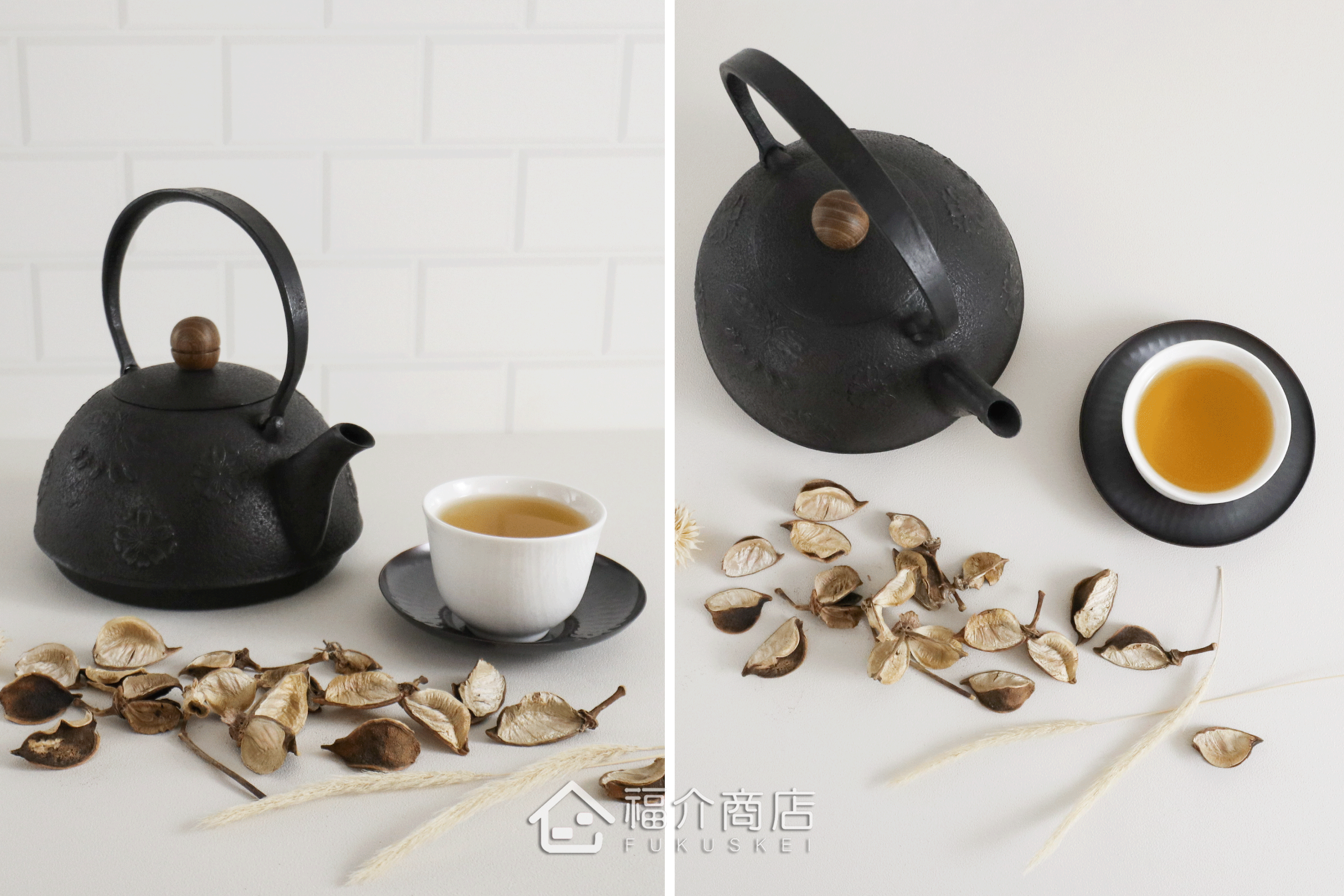 薰山工房所製作的日本鐵壺,壺身設計成櫻花圖紋與木質壺摘