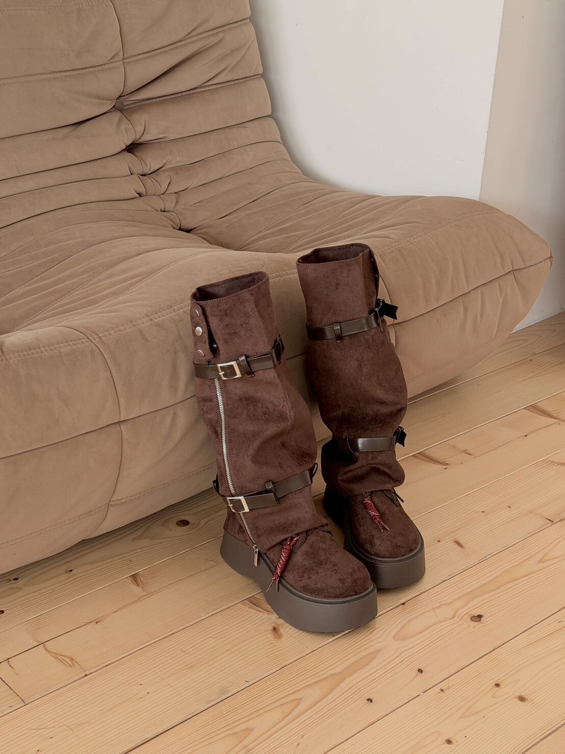 一雙穿四季🤎 兩穿可拆卸 絨面厚底堆堆靴 棕色