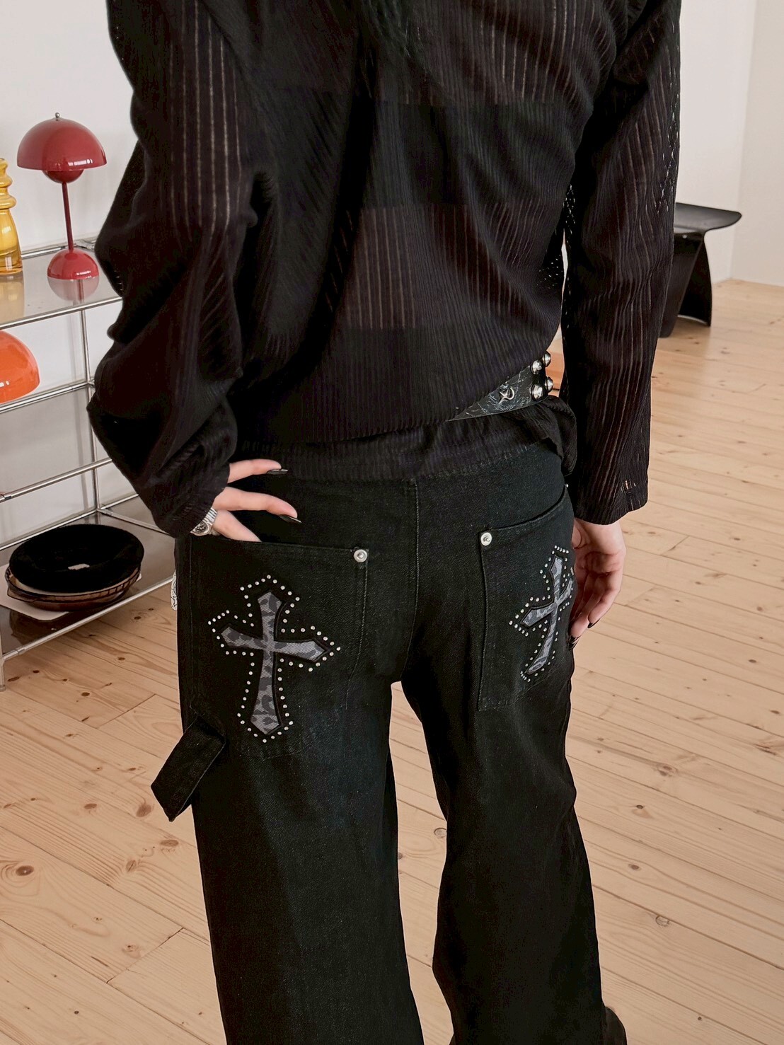 帥在背面 豹紋十字燙鑽 闊腿牛仔褲