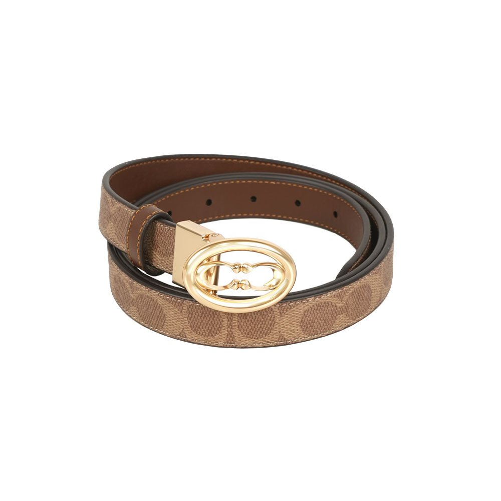【COACH】橢圓CC Logo 帆布及牛皮寬2.5cm雙面可用皮帶(棕色/棕褐色)