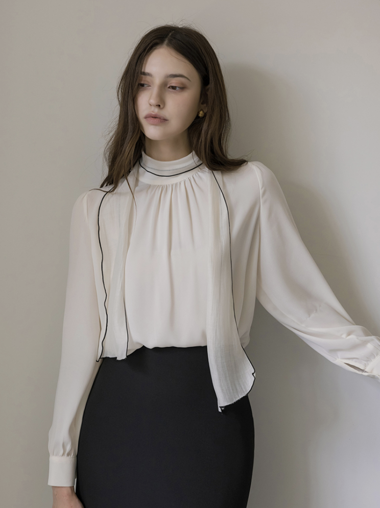 [現貨] Elena 附領巾反摺領襯衫 [ 黑色 / Free ]