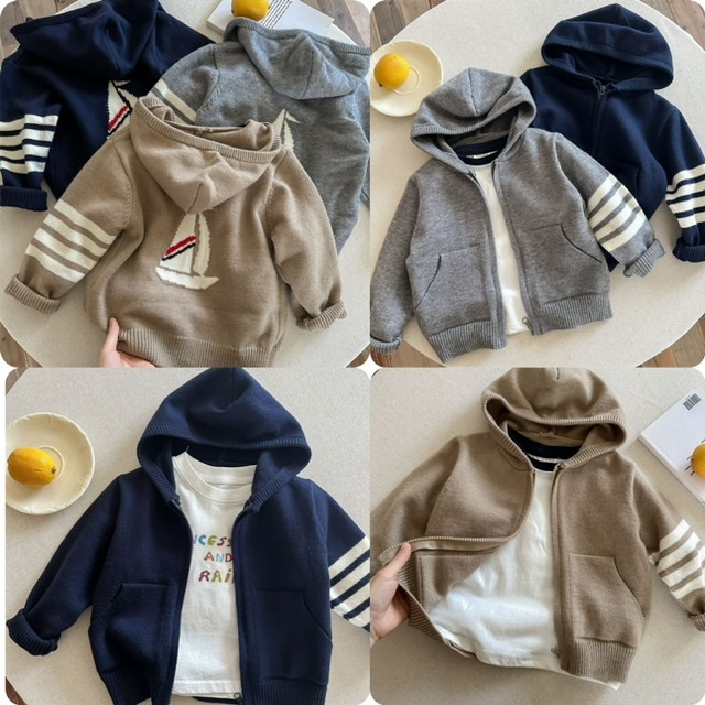 兒童背部帆船圖案針織連帽開胸拉鏈外套 - 2502662