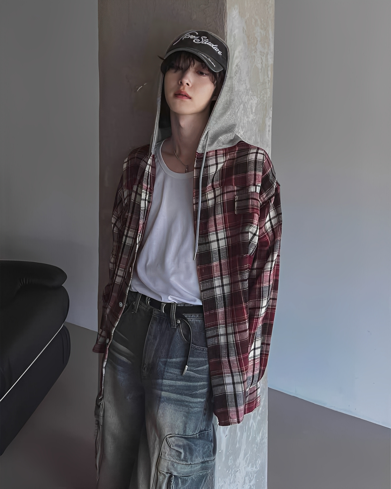 拼接 連帽 格紋 襯衫 外套