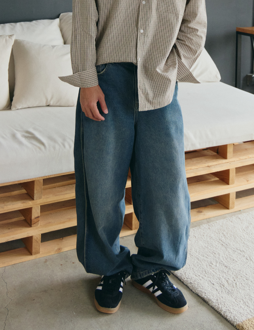 立體雙車線牛仔寬褲