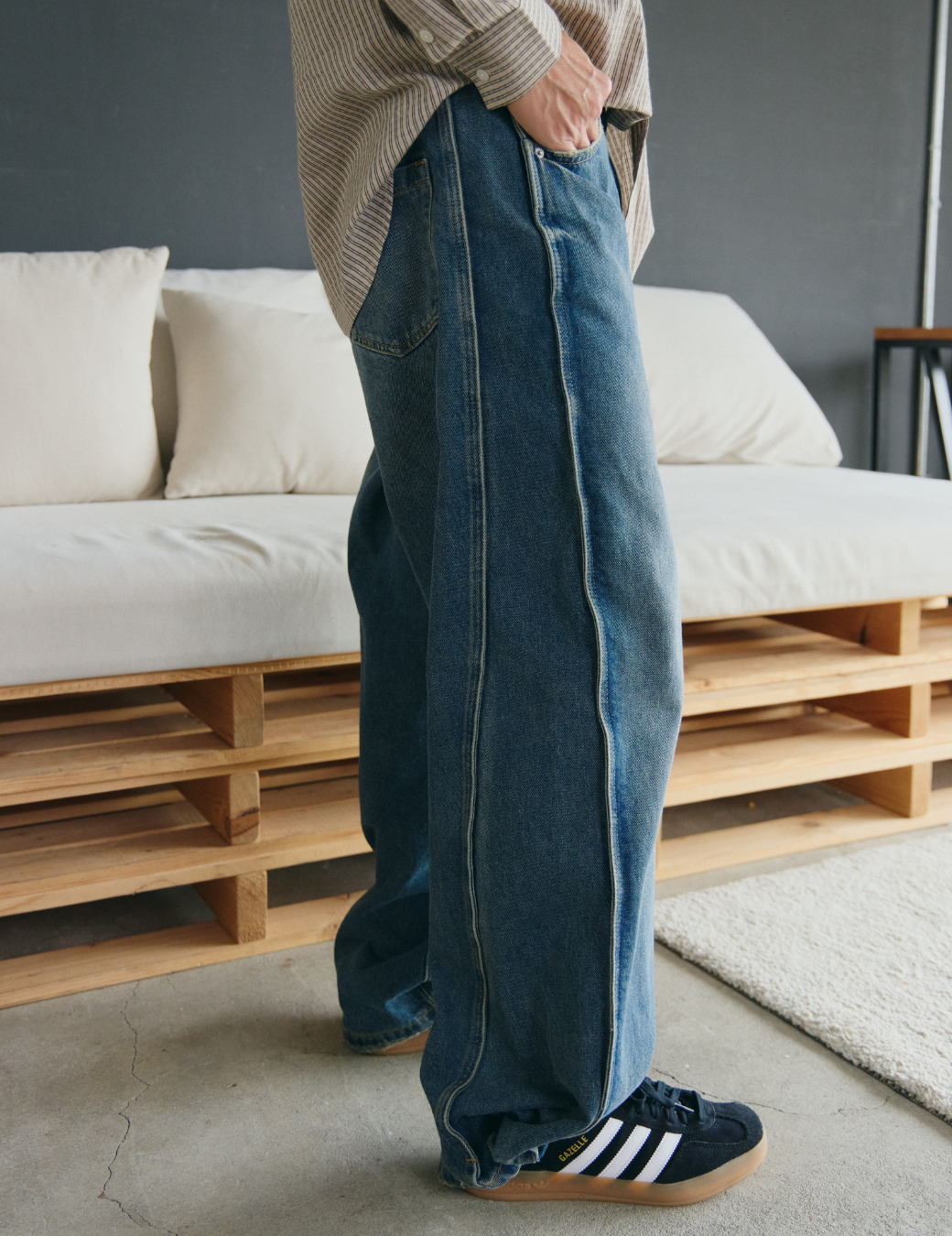 立體雙車線牛仔寬褲