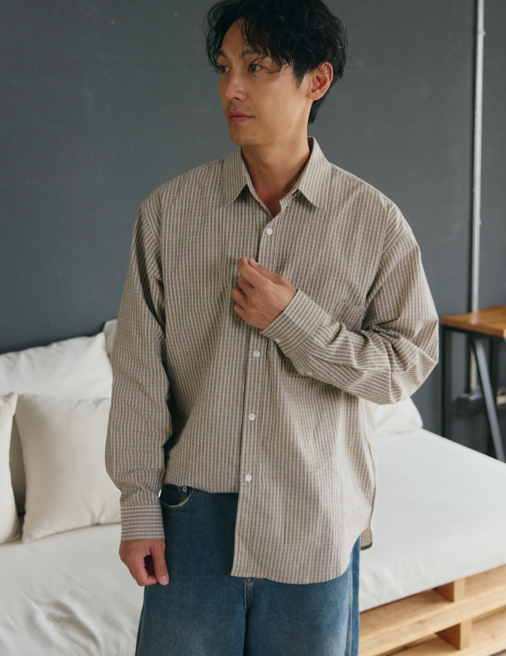 雙直紋口袋長袖襯衫