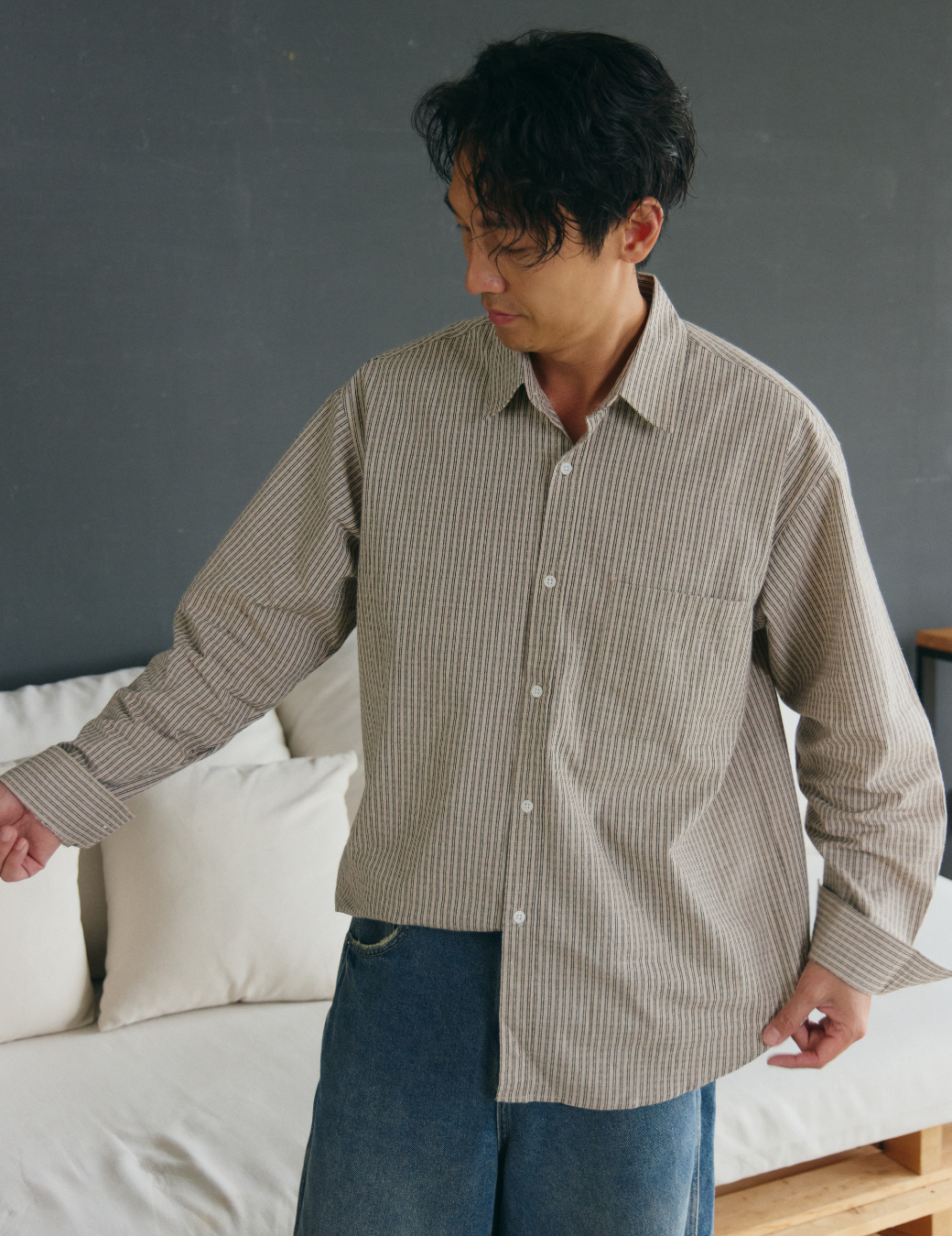 雙直紋口袋長袖襯衫