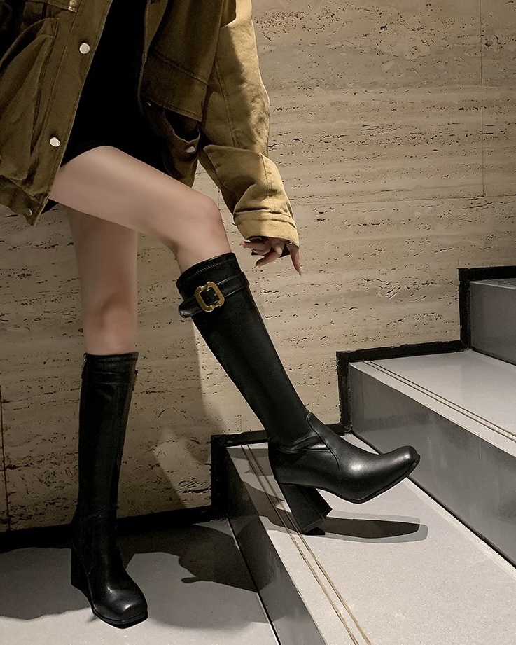 設計師家方頭側扣粗跟靴