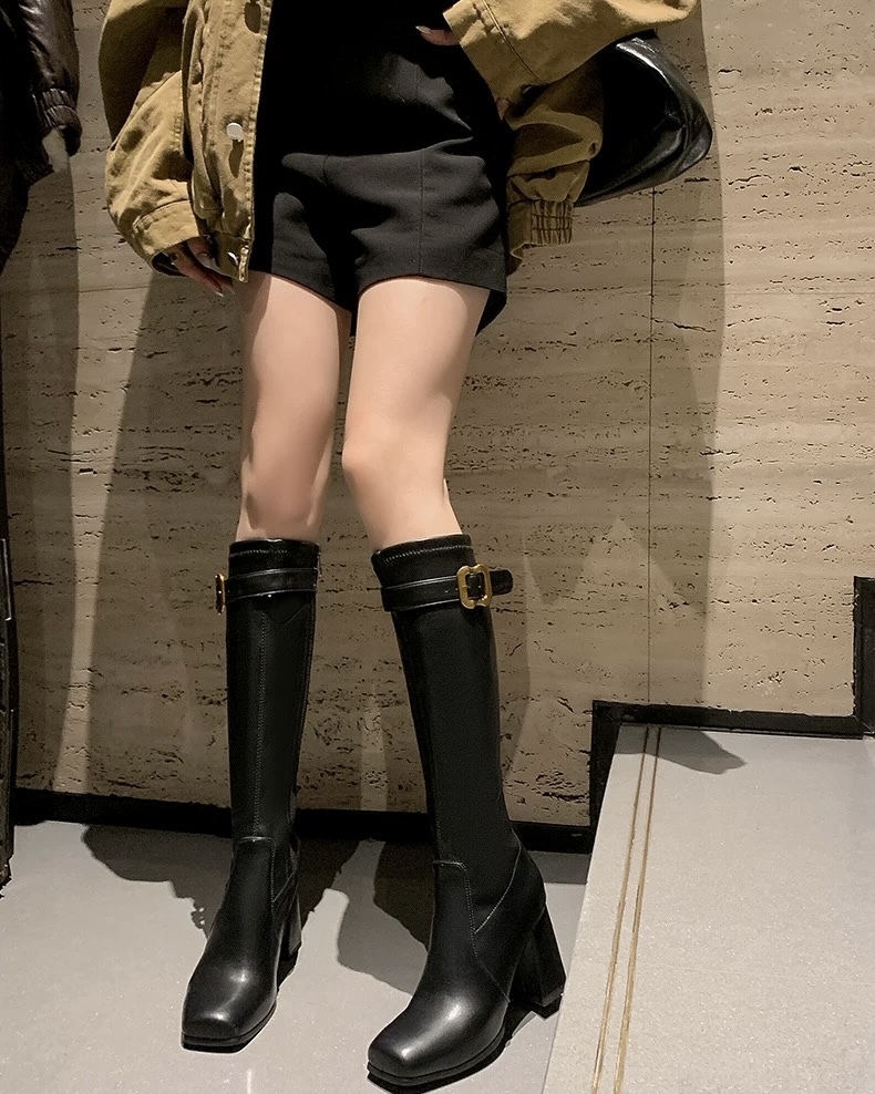 設計師家方頭側扣粗跟靴